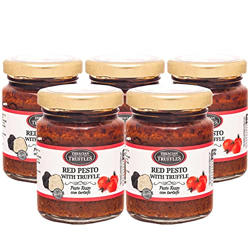 Rote Pesto-Sauce mit schwarzem Trüffel, Chilischote, sonnengetrocknete Tomaten, Gourmet Pesto mit Trüffel, traditioneller italienischer Geschmack in einer cremigen Pasta-Sauce mit Olivenöl (5x80g) von Pesto