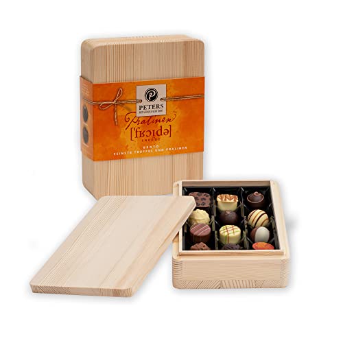 Peters Mit Genuss verführt | Bento "Freude aus Holz" | Pralinen | Mit Alkohol | Hochwertige Pralinés | Köstlich | Geschenk | Schokolade | Geschenkidee | Made in Germany | 150g von Peters Mit Genuss verführt