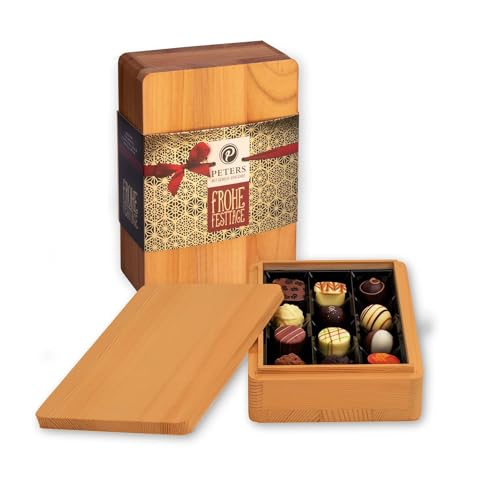 Peters Mit Genuss verführt | Frohe Festtage | Bento "Freude aus Holz" | Holzbox mit Kirschoptik | Pralinen | Mit Alkohol | Pralinés | Geschenk | Schokolade | Geschenkidee | Made in Germany | 150g von Peters Mit Genuss verführt