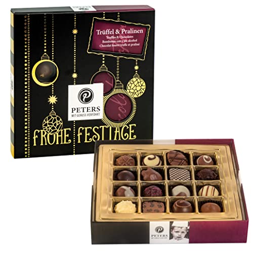 Peters Mit Genuss verführt | Frohe Festtage | Trüffel & Pralinen | Mit Alkohol | Zartschmelzende Pralinés | Geschenkidee | Schokolade | Geschenk | Made in Germany |200g von Peters Mit Genuss verführt