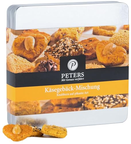 Peters Mit Genuss verführt | Käsegebäck-Mischung | Metallbox | Gebäck | Kekse | Käse | Gouda | Mozzarella | Gebäckmischung | Geschenkidee | Geschenk | Ideal zum Verschenken | Made in Germany | 155g von Peters Mit Genuss verführt