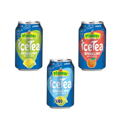 Pfanner Eistee Sparkling Probierpack – Kohlensäurehaltiger IceTea mit Pfirsichgeschmack (3x0,33L), Zitronegeschmack (3x0,33L) und Zitronegeschmack Zero (3x0,33L) von Pfanner