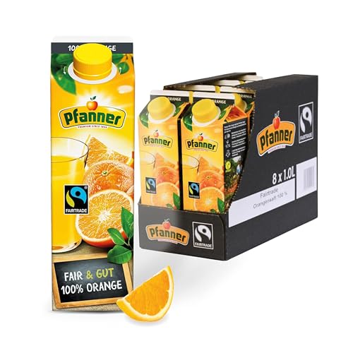 Pfanner Fairtrade Orangensaft (8 x 1 l) – 100% Orange – reich an Vitamin C - Fruchtgetränk im Vorratspack von Pfanner