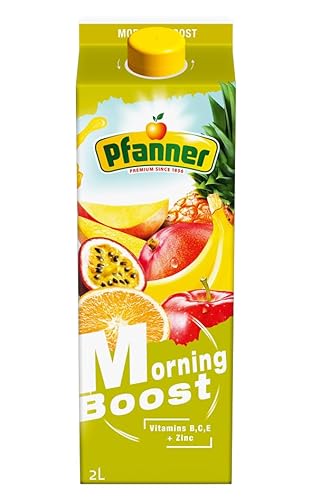 Pfanner Morning Boost Drink im Vorratspack (6 x 2 l) – gelber Fruchtnektar mit 40% Fruchtgehalt – Mehrfrucht Getränk mit Mineralien und Vitaminen B, C, E von Pfanner