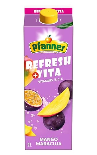 Pfanner Refresh + Vita - Mango Maracuja Fruchtgetränk (6 x 2 l) - 10% Fruchtgehalt – exotisches Getränk im Vorratspack – mit Vitamin B, C und E von Pfanner