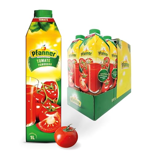 Pfanner Tomatensaft (8 x 1 l) – Fruchtsaft, fein püriert, fruchtig-würzig und mit 100% natürlichen Zutaten – 99% Saftgehalt aus Tomaten – im Vorratspack von Pfanner