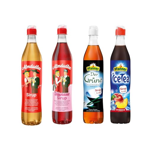 Sirup Probierpaket - 4 Flaschen (1x Pfanner der Grüne Sirup + 1x Pfanner Eistee Pfirsich Sirup + 1x Almdudler Original Sirup + 1x Almdudler Skiwasser Sirup - Erfrischende Vielfalt für Genießer von Pfanner