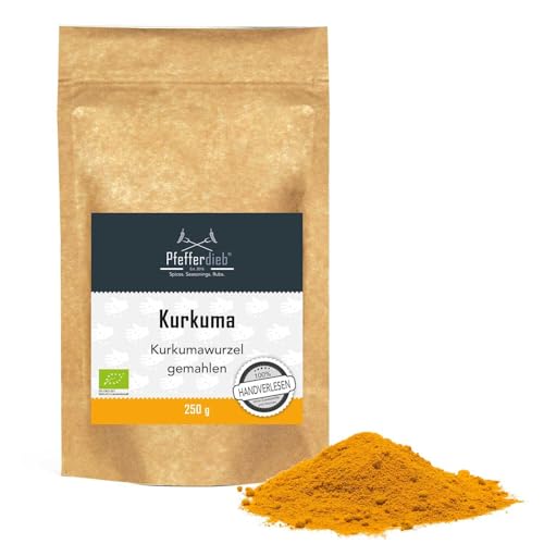 BIO Kurkuma Pulver (Gelbwurz Curcuma) 250g | Reine Kurkumawurzel fein gemahlen | hoher Curcumin Gehalt von 5,5% | Rohkostqualität | Pfefferdieb von Pfefferdieb