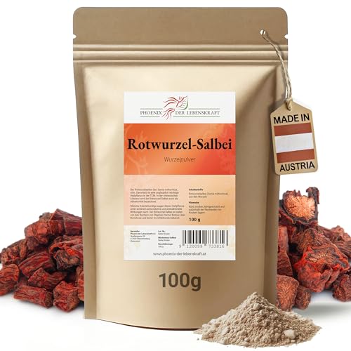 Rotwurzelsalbei Pulver - 100 g, Salvia miltiorrhiza, fein gemahlen, natürlich, Top Premium Qualität, Hergestellt in Österreich von Phoenix der Lebenskraft