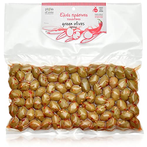 Physis of Crete Grüne Chalkidiki Oliven mit Kern Chili und Meersalz. Premium Qualität aus Griechenland Oliven in Chili und Meersalz eingelegt. 500 gr. In Vakuumverpackt. Jumbo Größe. Vegan. von Physis of Crete