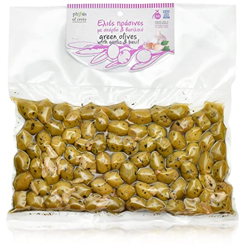 Physis of Crete Grüne Oliven mit Knoblauch, Basilikum und Kern.Oliven in Extra Nativen Olivenöl, Knoblauch, Basilikum und Meersalz eingelegt 500 gr. In Vakuumverpackt. Jumbo Größe. Vegan. von Physis of Crete