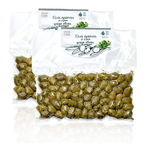 Physis of Crete Grüne Oliven mit Oregano und Stein– griechische Oliven aus Chalkidiki, Premium Qualität in Meersalz eingelegt , 2 x 500 gr –Vakuumverpackt. von Physis of Crete