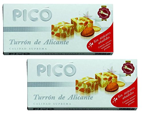 Picó -Das Paket enthält 2 Turron Alicante - Hartes Mandelnougat mit ganzen Mandeln - Höchste Qualität - 200gr (Kein Gluten) ohne Zuckerzusatz - mit Süßstoffen von Picó