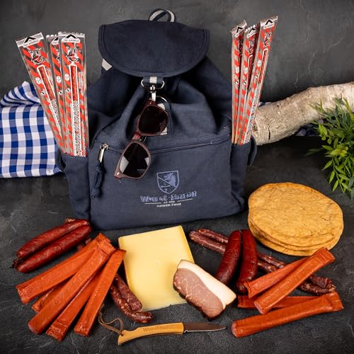 WURSTBARON® Blauer Picknick & Wander Rucksack mit Inhalt für Herren & Damen - Inkl. Salami Schinken Käse BrotTaschenmesser von Pikanten