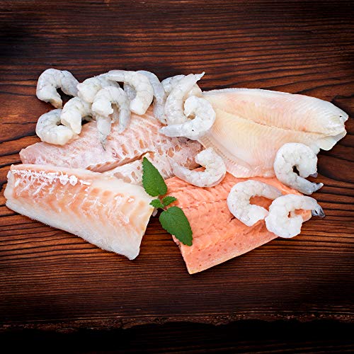 WURSTBARON® Fisch Paket Premium Deluxe - Set aus Wildlachsfilet, Rotbarschfilet, MSC Schollenfilet, Garnelen von Pikanten