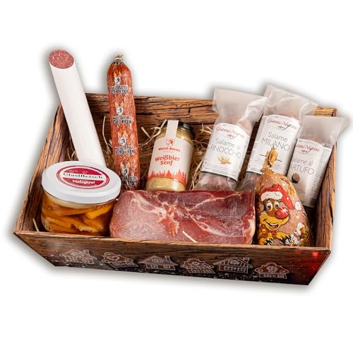 WURSTBARON® Geschenkkorb Weihnachten Gaumenfreuden mit Serrano Schinken, Gewürzen, Salamis, Chutney und Senf, Präsentkorb mit herzhaften Inhalten, Geschenkbox für Weihnachten von Pikanten