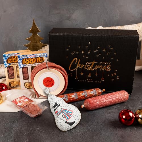 WURSTBARON® Große Geschenkbox zu Weihnachten mit unserer Wurst-Kabeltrommel, Snacks und Salami Spezialitäten, weihnachtliche Geschenkbox im edlen Design von Pikanten