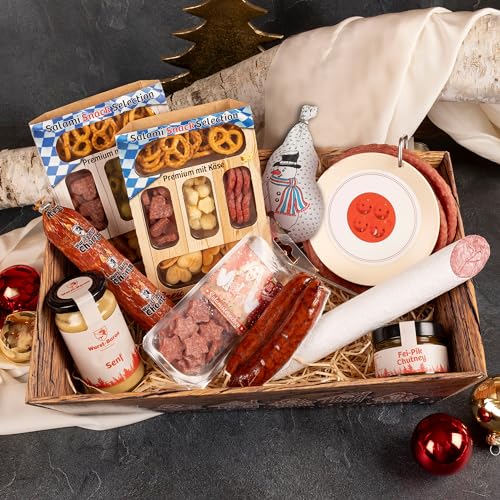 WURSTBARON® Herzhafter Geschenkkorb Weihnachten, Präsentkorb mit unserer Wurstkabeltrommel, Snacks, Salamis, Chutney und Senf von Pikanten