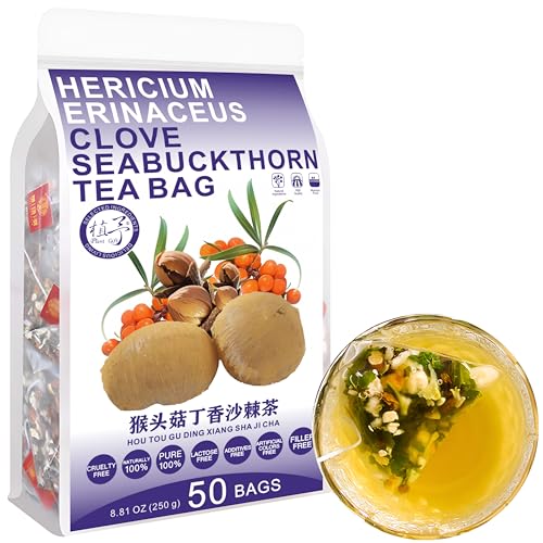 100% Pure Natural Herbal Tea, Hericium erinaceus clove Seabuckthorn Tea Bag, 250g/8.81oz (5g*50bags), 猴头菇丁香沙棘茶, Orangenschale, Maulbeerblätter, Süßholz, Poria-Kokos, Bergamotte, Yam, Gerste von Plant Gift