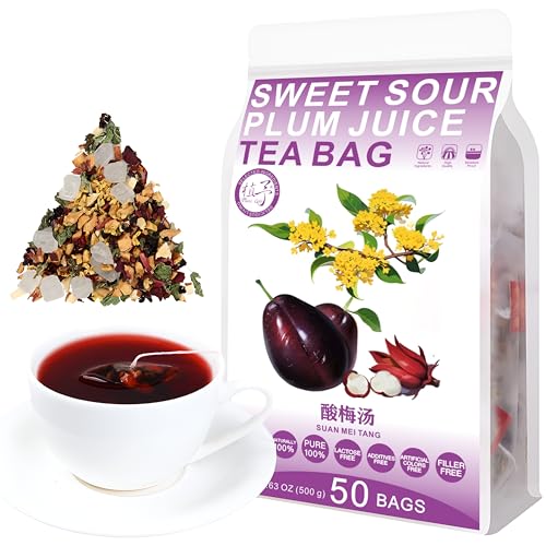 Plant Gift 50 CUPS Sweet Sour Plum Juice Tea Bag (酸梅汤 SUAN MEI TANG) Osmanthus, Roselle, Weißdorn, Orangenschale, Süßholz, Maulbeere 17.6oz (10g*50bags/500G) Gemischte Kräuterkombination von Blumentee von Plant Gift