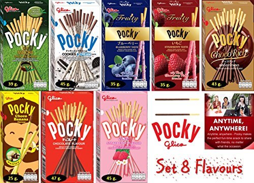 Set of 8 (8 Boxes) Flavours Matcha green tea,Cookies & Cream, Strawberry, Chocolate, Fruity Blueberry, Fruity Strawberry, Choco rich and Choco Banana by Pocky von Pocky