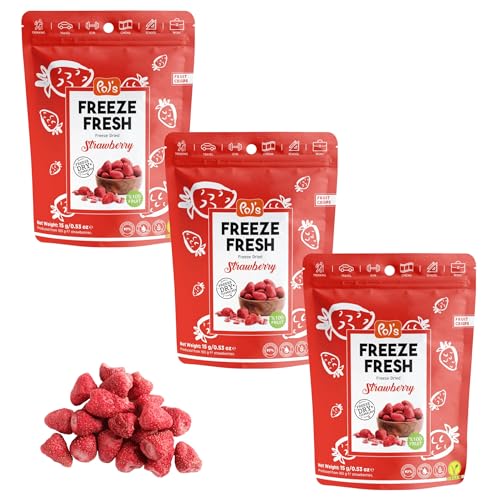 POL'S FREEZE FRESH Gefriergetrocknete Erdbeeren 100% ganze Erdbeeren, Obst Chips Erdbeere, ohne Zuckerzusatz, vegan, laktosefrei, glutenfrei, 3er Bundle (3 x 15 g) von Pol´s