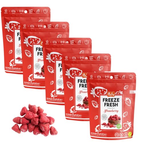 POL'S FREEZE FRESH Gefriergetrocknete Erdbeeren 100% ganze Erdbeeren, Obst Chips Erdbeere, ohne Zuckerzusatz, vegan, laktosefrei, glutenfrei, 5er Pack (5 x 15 g) von Pol´s