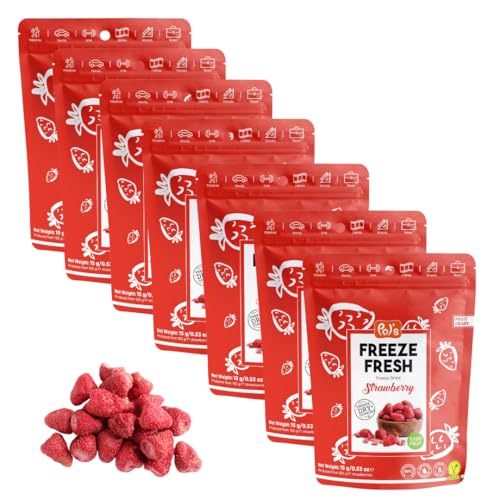 POL'S FREEZE FRESH Gefriergetrocknete Erdbeeren 100% ganze Erdbeeren, Obst Chips Erdbeere, ohne Zuckerzusatz, vegan, laktosefrei, glutenfrei, 7er Pack (7 x 15 g) von Pol´s