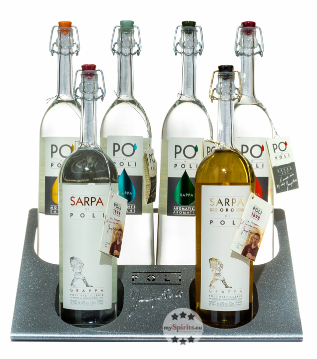 Display mit 6 Poli Grappas (40 % vol., 4,2 Liter) von Poli Distillerie