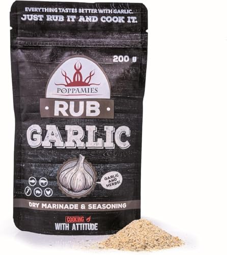 Poppamies Knoblauch BBQ Rub - 100% natürliches BBQ-Gewürz - Trockene Marinade & perfektes Gewürz für Huhn, Fisch, Rind, Schwein, Gemüse - Ideal für Grill Ofen Boiler und Pfanne - Große Packung (200g) von POPPAMIES