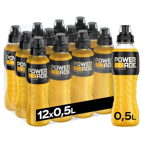 Powerade Sports Golden Mango, kalorienarmes Sport Getränk mit Mango-Geschmack, mit Elektrolyten, Sport Drink in stylischen Einweg Flaschen, 500 ml (12er Pack) von Powerade