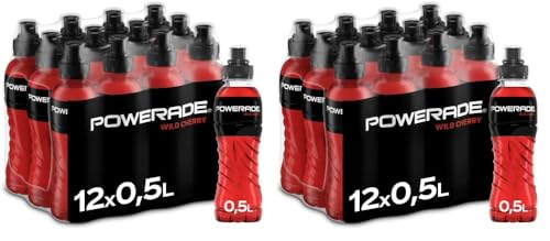 Powerade Sports Wild Cherry, kalorienarmes Sportgetränk mit Kirsch-Geschmack, mit Elektrolyten, Sport Drink in stylischen Einweg Flaschen (12 x 500 ml) (Packung mit 2) von Powerade