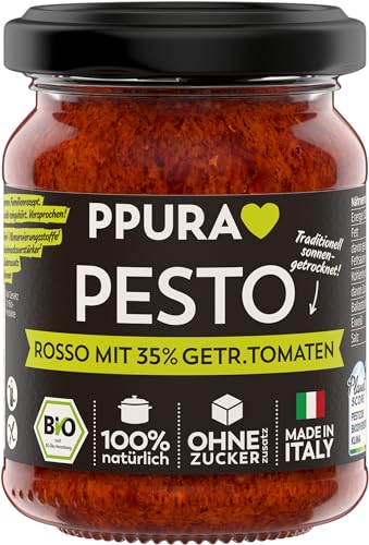 PPURA Bio Pesto Rosso mit 35% Sonnengetrockneten Tomaten | Rotes Pesto mit Parmigiano Reggiano & nat. Olivenöl Extra | Nudel-Soße Made in Italy | 100% Natürlich Ohne Zusatzstoffe | 120g Glas von PPURA