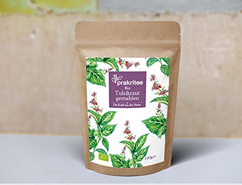 Prakritee BIO Tulsi Pulver 100g Tulsikraut Pulver Biologisch angebauten Indischen Basilikums Kräutertee Herbal Tea ORGANIC Holy Basil DE-ÖKO-044 von Prakritee