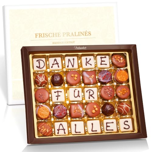 Pralinenbote Genussmanufaktur - DANKE FÜR ALLES | Pralinen-Dankesbotschaft in der großen Geschenkbox | 30 beliebte Pralinen der Premiumklasse | 395g | Das exquisite Pralinen Dankeschön von Pralinenclub