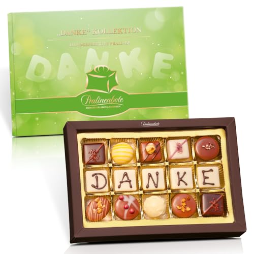 Pralinenbote Genussmanufaktur - DANKE Pralinen in der edlen Geschenkbox | 15 Pralinen als Dankesbotschaft | 180g | Das exquisite Pralinen Dankeschön (DANKE, 15 Pralinen) von Pralinenclub