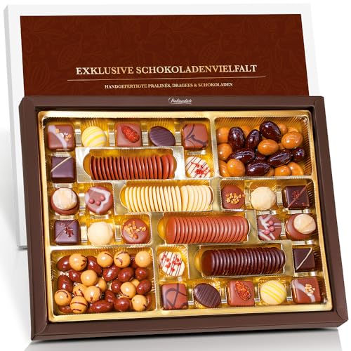 Pralinenbote - Exklusive Schokoladenvielfalt mit 24 handgefertigten Pralinen, 72 feinen Schokoladen und 235 g Schokoladen-Dragees in exklusiver Geschenkbox XXL von Pralinenclub