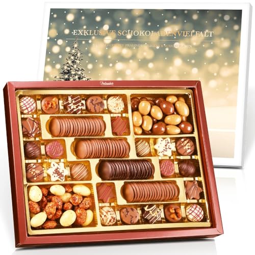 Pralinenbote Genussmanufaktur – Exklusive XXL Geschenkbox Weihnachten mit 24 handgefertigten Pralinen, 80 feinen Schokoladen und 250 g edlen Schokoladen-Dragees, 760 g (24 Pralinen) von Pralinenclub