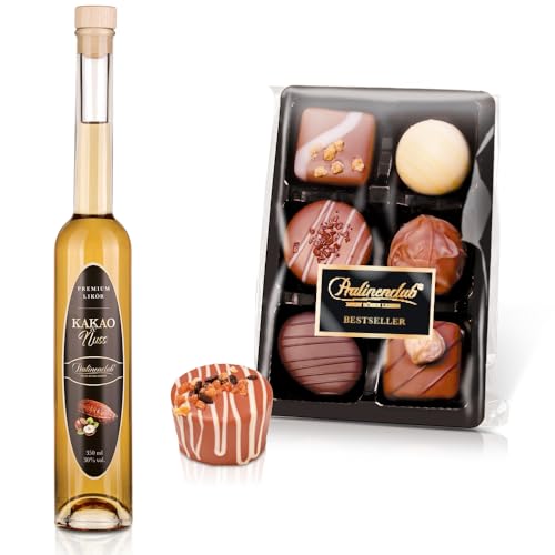 Pralinenbote Genussmanufaktur – Geschenk-Set Kakao & Nuss Likör & Pralinenclub Klassiker mit 6 handgefertigten Pralinen deutscher Chocolatiers, das edle Genuss Geschenk Set von Pralinenclub