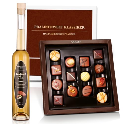 Pralinenbote Genussmanufaktur – Geschenk-Set Kakao & Nuss Likör & Pralinenwelt Klassiker mit 14 handgefertigten Pralinen deutscher Chocolatiers, das edle Genuss Geschenk von Pralinenclub