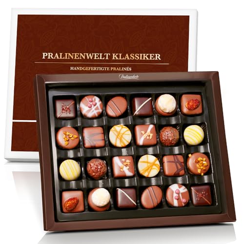 Pralinenbote Genussmanufaktur – Pralinenwelt Klassiker mit 24 handgefertigten Pralinen deutscher Chocolatiers, das exklusive Pralinen Geschenk von Pralinenclub