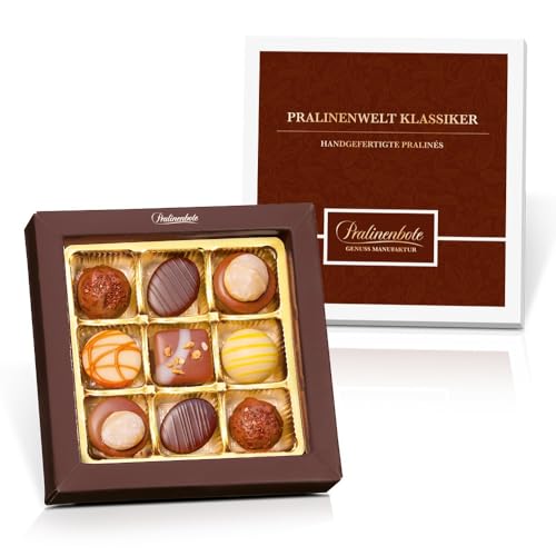 Pralinenbote – Pralinenwelt Klassiker mit 9 handgefertigten Pralinen deutscher Chocolatiers, das Pralinen Geschenk von Pralinenclub