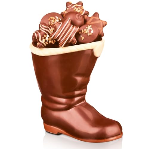 Pralinenbote Genussmanufaktur – Schokoladen Stiefel Zartbitter gefüllt mit 10 handgefertigten Pralinen zu Weihnachten, edles Nikolaus Geschenk, der Weihnachtsstiefel von Santa Claus aus Schokolade von Pralinenclub