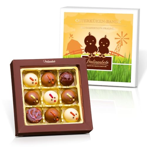 Pralinenbote – Osterküken-Bande mit 9 handgefertigten Pralinen deutscher Chocolatiers, das Pralinen Geschenk zu Ostern, 100g (Osterküken, 9 Pralinen) von Pralinenclub