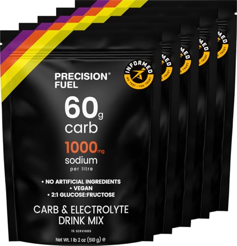 Precision Fuel Carb & Electrolytes Pulver-Getränkemix - Hochleistungs-Energydrink, 60 g Kohlenhydrate und 1000 mg Natrium pro Liter, vegan - für intensive Workouts und Ausdauersportarten (5-Pack) von Precision Hydration