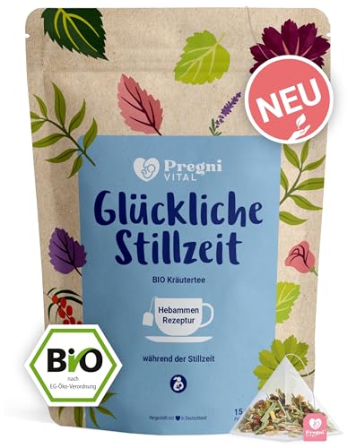 Glückliche Stillzeit® - BIO Stilltee im Pyramidenbeutel - Milchbildung und Ausgleich des Feuchtigkeitshaushalts - mit Bockshornklee, Lemongras, Fenchel, Anis, Kümmel - 15 Teebeutel von PregniVital