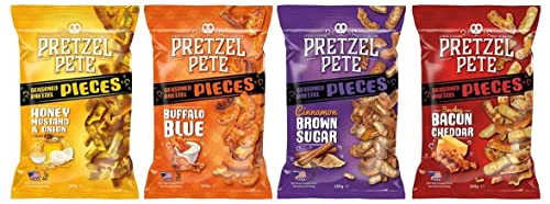 Liquorice Pretzel Pete - Confezione da 4 pezzi stagionati - 4 sacchetti da 160 g - blu bufalo - senape miele - cannella marrone - pancetta cheddar von Pretzel Pete