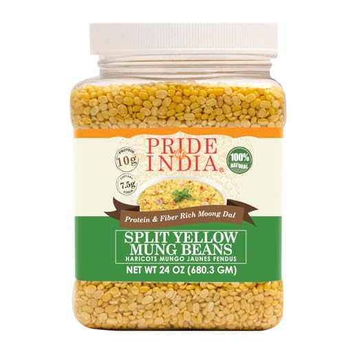 Pride Of India - Split Gelbe Linsen Mung (680 g) Glas - Geeignet für süße und pikante Gerichte - Suppen, Kitchari, Snacks usw. - Ausgezeichnete Quelle für Protein und Faser 10 g 7,5 g pro Portion von Pride Of India