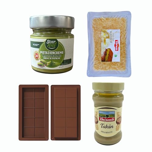 5-Set Dubai Schokolade zum Selbermachen - Pistaziencreme - gerösteter Kadayif - Tahin(Sesampaste) - 2 Schokoladenform - Zutaten von Prime Chocolate