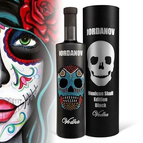 Vodka Geschenk-Tube: Mexican Skull Luxus Wodka Iordanov (0,7 l) in schwarzer Flasche mit Geschenkkarte von Prime Presents